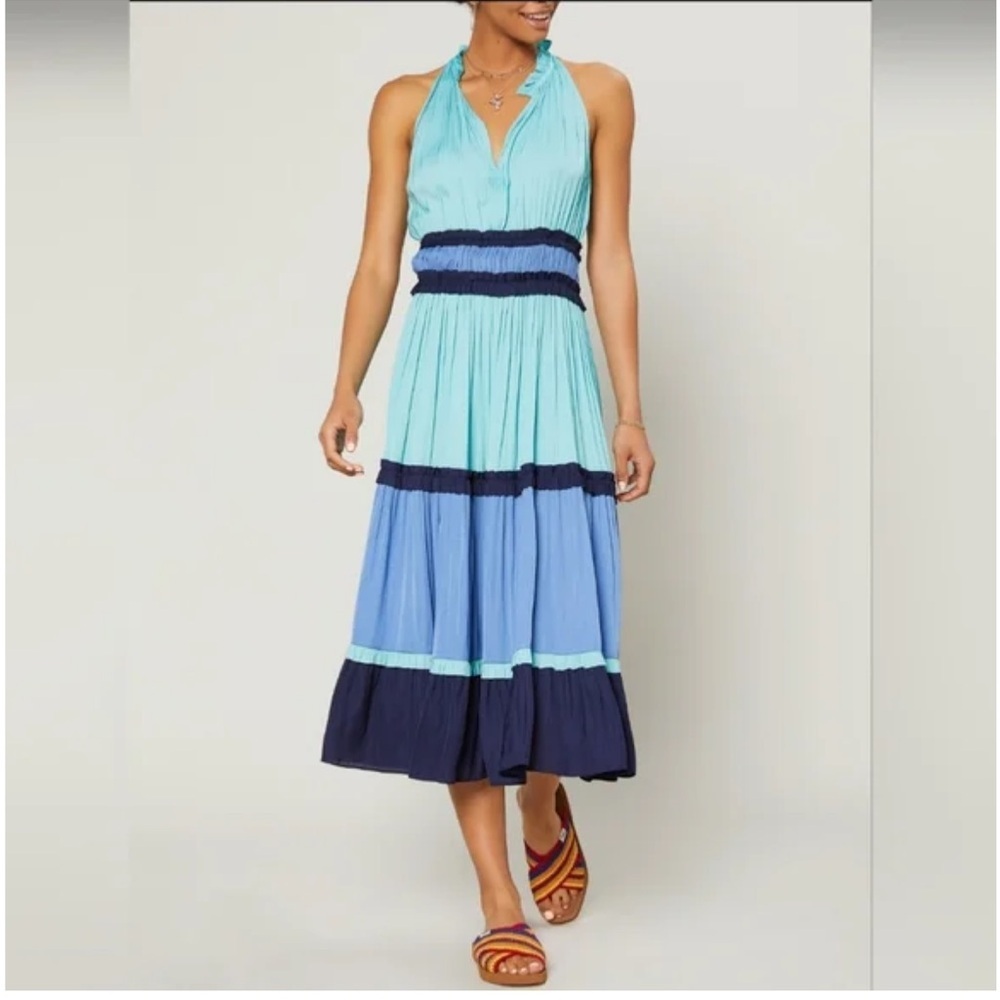 Current Air Anthropologie Colorblock Shirred Tiered Midi Dress Blue Combo